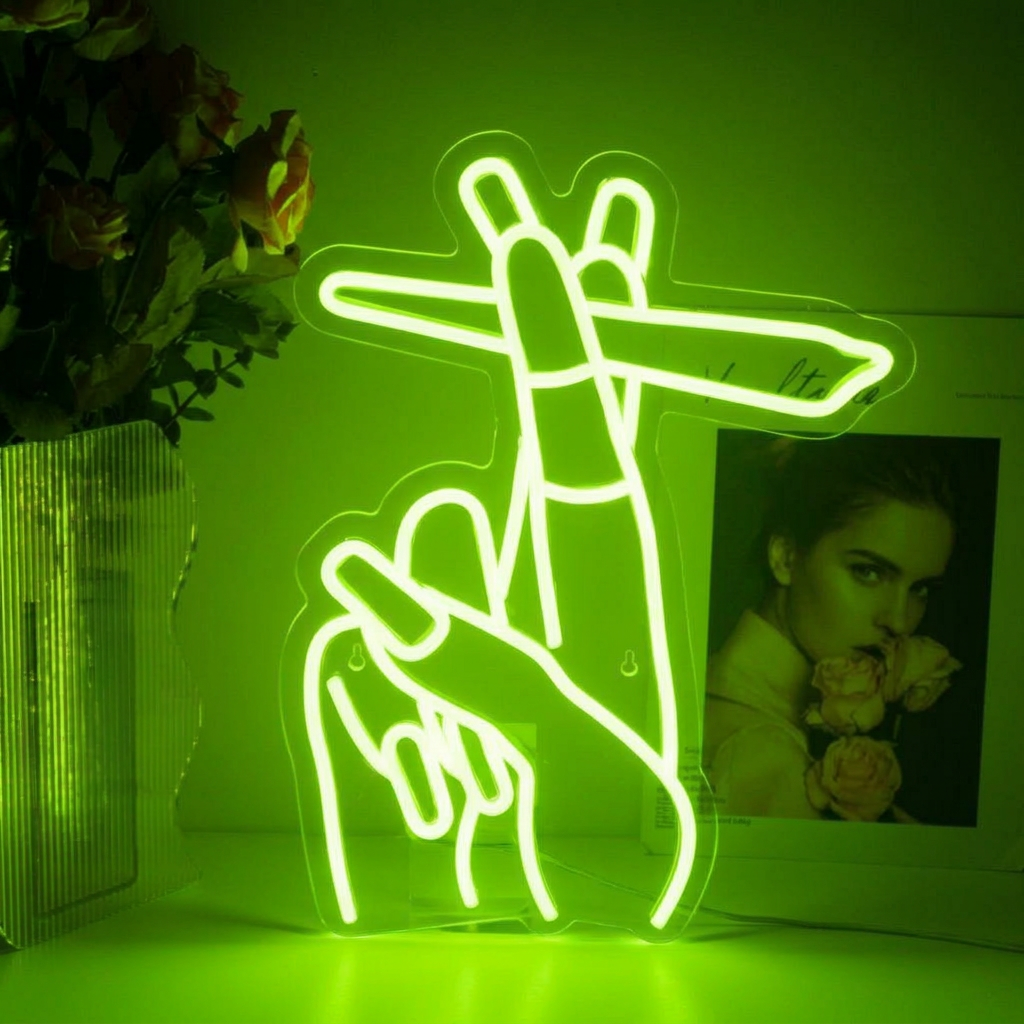 Neon green hand with lipstick sign